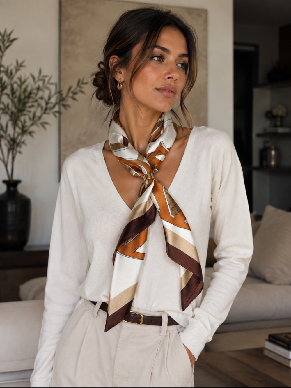 Silk Feel  Neck Scarf in Brown & Cream